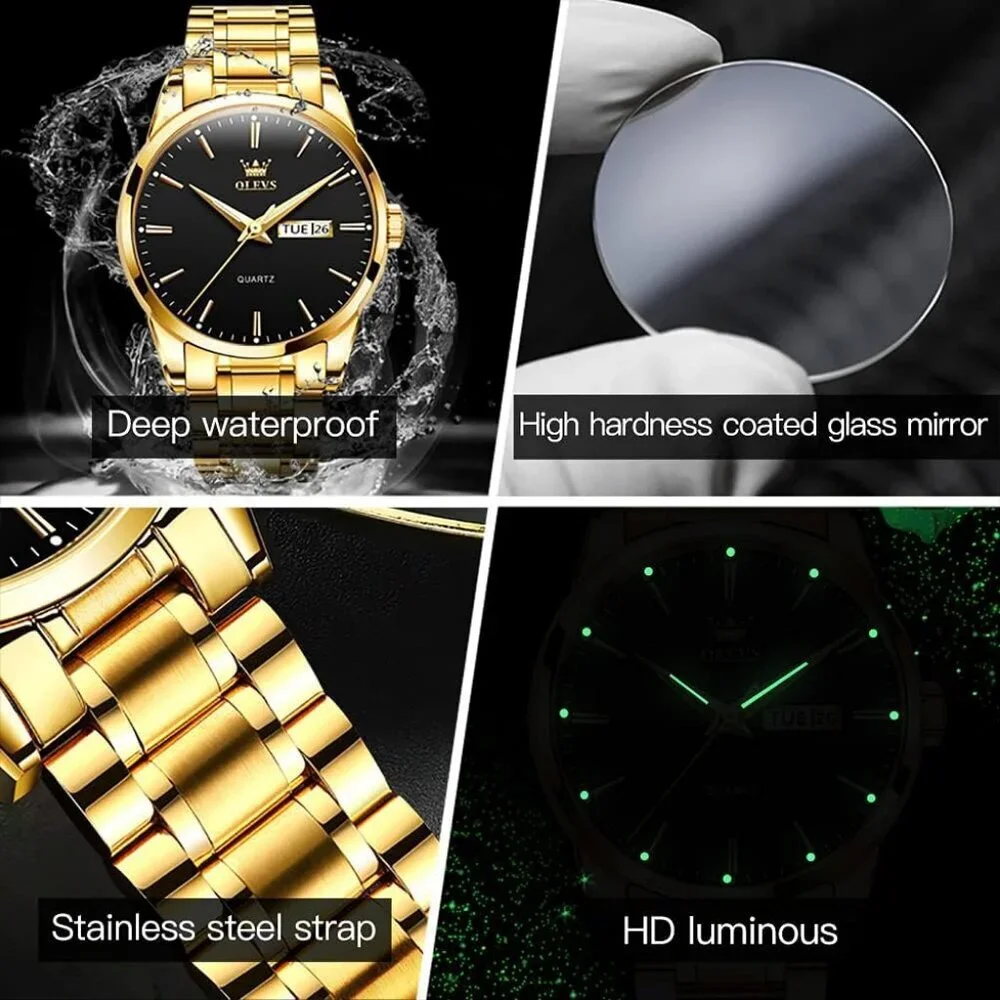 Olevs Men's Gold Steel Black-Dial Waterproof Stainless Luminous Stylish Watch